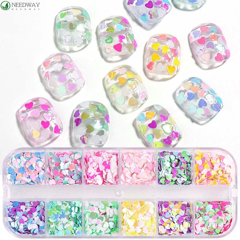 NEEDWAY Nail Art Sequin 12kisi Warna-Warni Pesona Kuku Manikur Aksesoris Nail Art Patchs Heart Nail Art Sequin