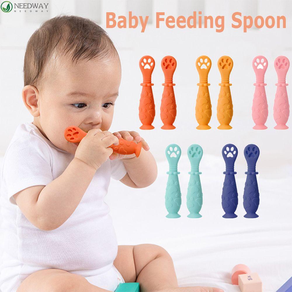 NEEDWAY Sendok Makan Bayi Dengan Pengaman Pengisap Peralatan Makan Bayi Aksesoris Peralatan Makan Padat Makan Training Spoons