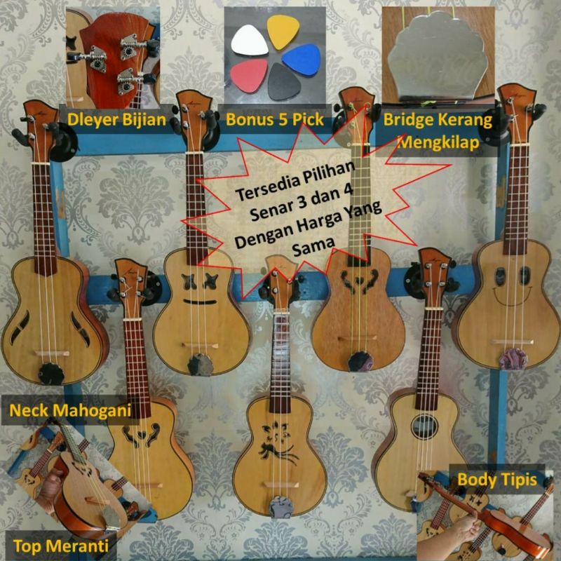 cod ukulele kulele cak cuk kentrung senar 3 dan 4 lubang biola bundar burung tipis pare marshmello