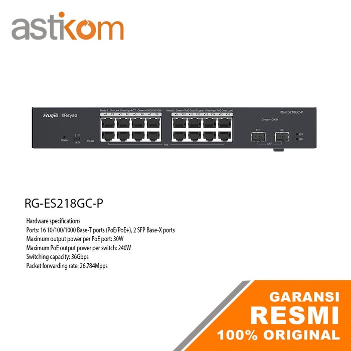 Ruijie RG-ES218GC-P ES218GC 16 Port Gigabit 2SFP Smart POE Switch 240W