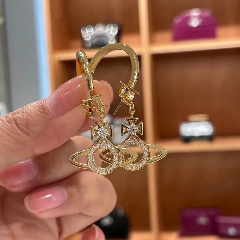 Produk Baru Empress Dowager Desain Saturnus Barat Dua-Pakai Anting-Anting Hoop Kristal Tiga-Dalam-Satu Anting-Anting Anting-Anting Anting-Anting