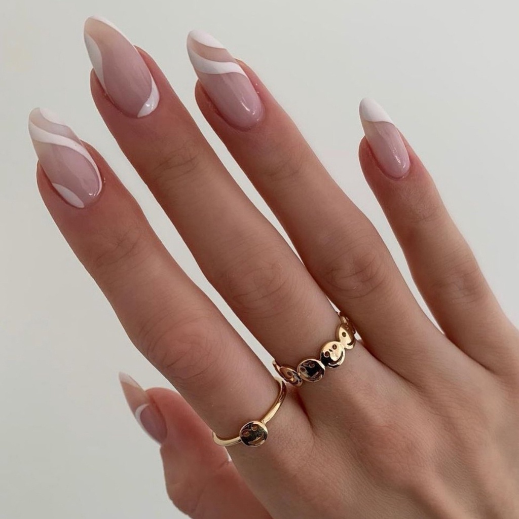 Line Geometry on Nails Jelly Lem Paku Full Cover Glossy Kuku Palsu Wanita Dan Cewek Isi 24pcs