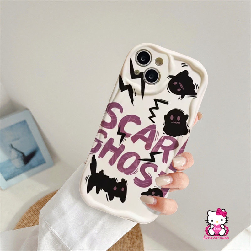 Cartoon Scared Ghost Cat Soft Tpu Case Compatible for IPhone 7Plus XR XS X Max 7 6 8 6s Plus 11 14 12 13 Pro Max SE 2020 Cute Little Monster 3D Wavy Curved Edge Couples Cover