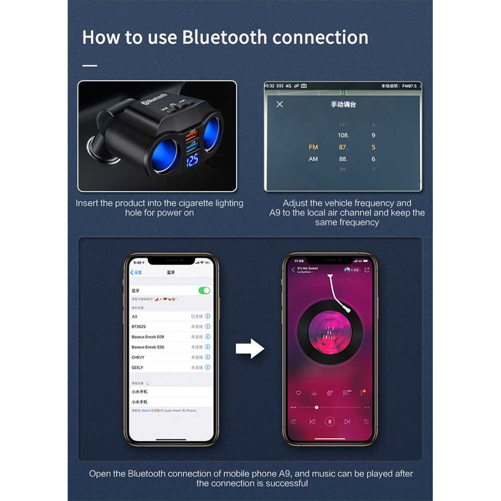Charger Mobil Bluetooth LED Display 2 Port Cigarette Plug 90W BURNHILDA