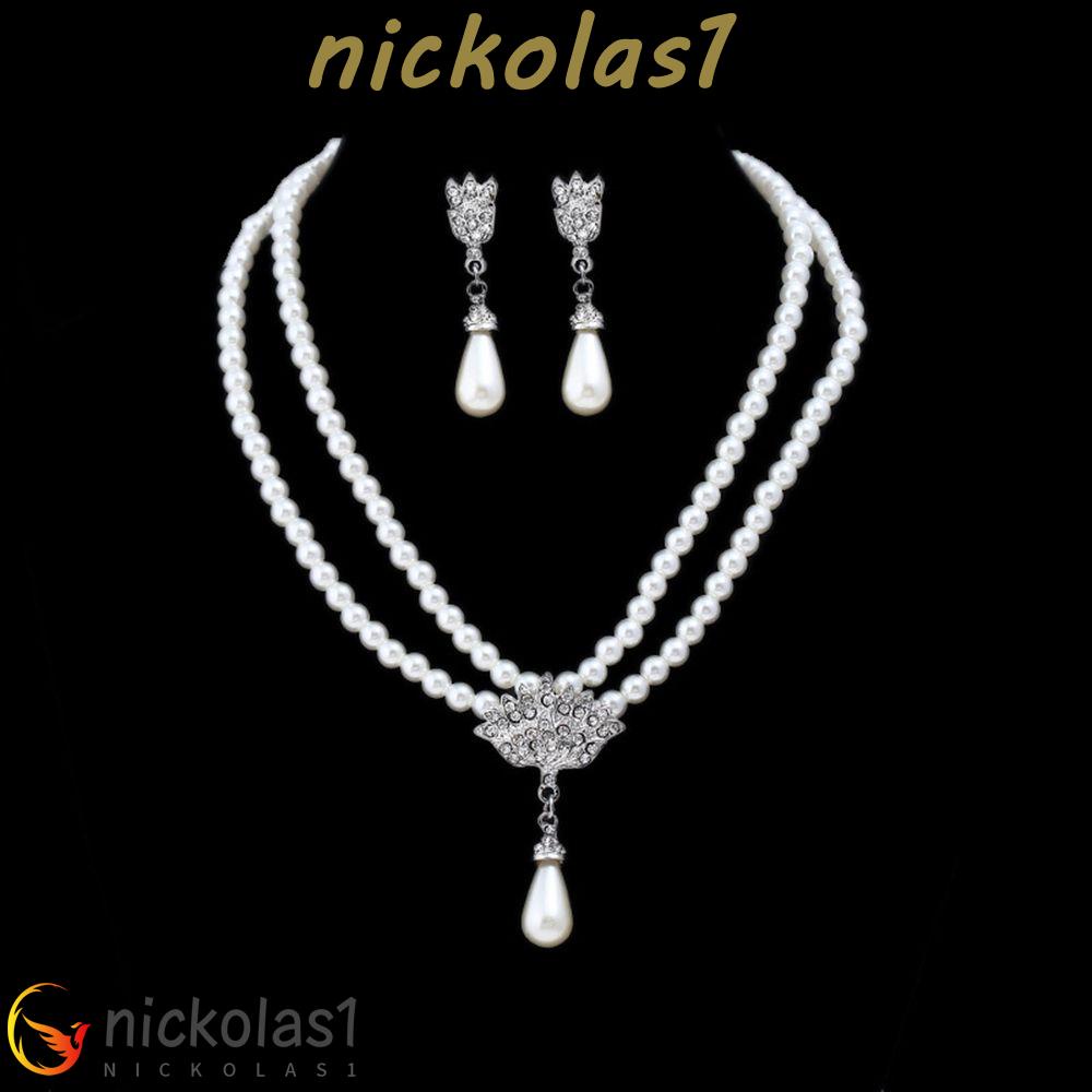 NICKOLAS1 Set Perhiasan Pernikahan Kristal Elegan Hadiah Pesta Kerah Rantai Liontin Mutiara