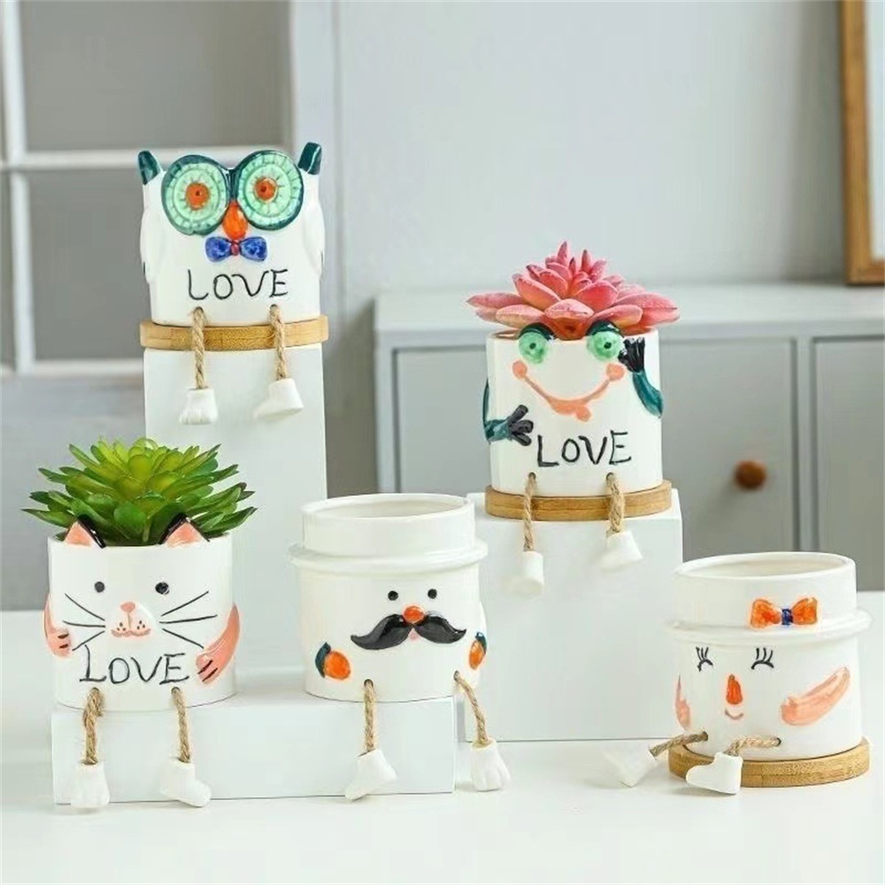 ღ Pot Bunga Lucu Kreatif Keramik Kaki Gantung Pot Bunga Tanaman Berdaging Boneka Dekorasi Desktop Succulent Wadah Aksesoris Dekorasi Rumah