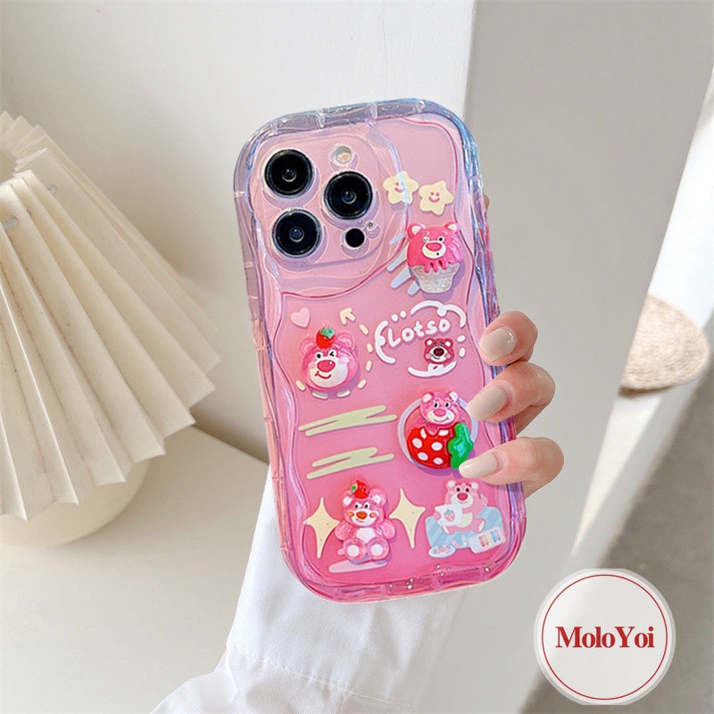 3D Wavy Curved Edge Glossy Soft Case Compatible for iPhone XR XS X Max 7Plus 11 12 14 13 Pro Max 7 6 8 6s Plus SE 2020 3D Cartoon Cute Doll Strawberry Bear Lotso Phone Cover