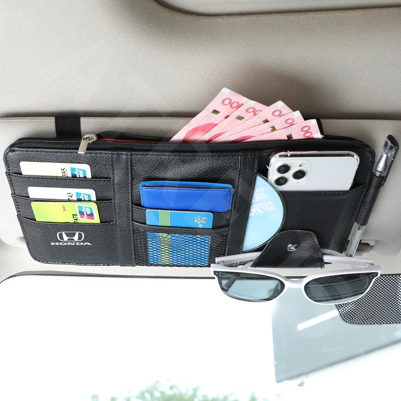 Honda Kulit Car Sun Visor Organizer Dengan Resleting Sun Visor Tas Penyimpanan Serbaguna Untuk Honda Brio City Civic CRV HRV BRV Accord Mobilio WRV Odyssey Freed Jazz