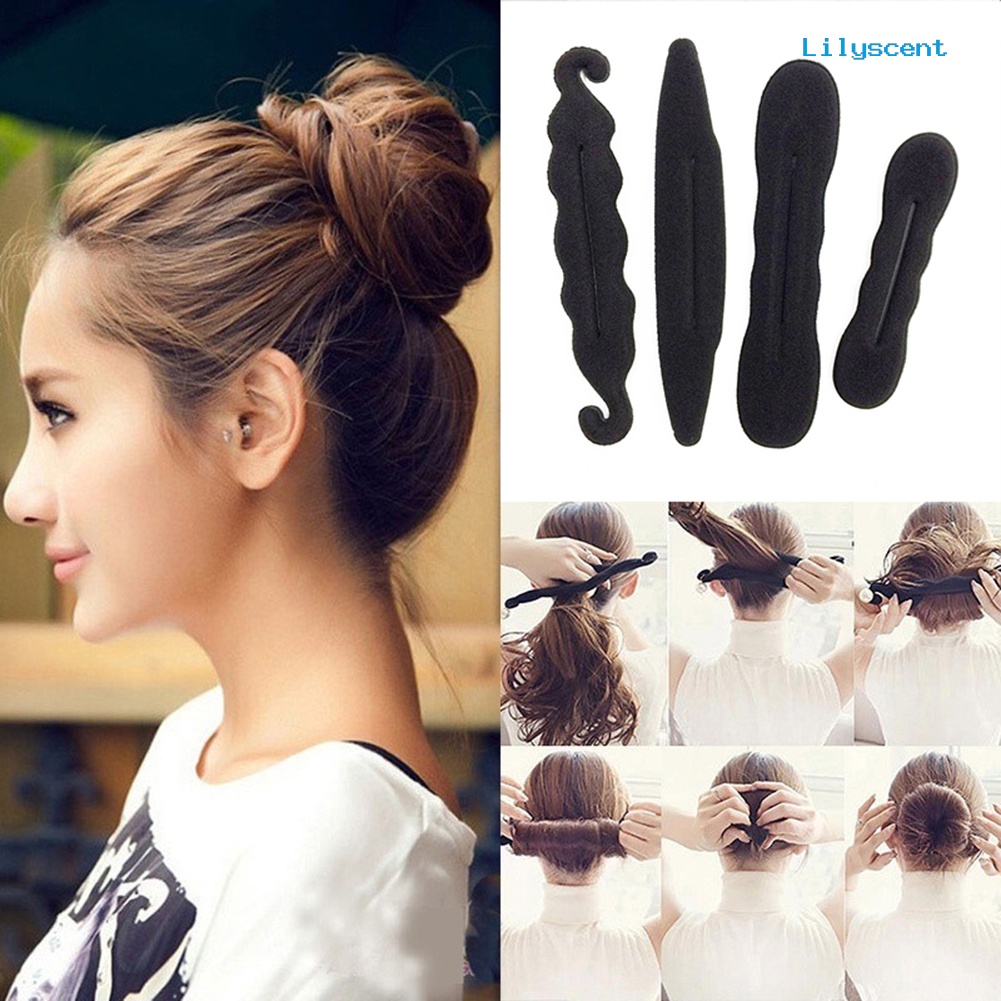 [Lily]4Pcs Wanita Spons Busa Ajaib Styling Rambut Klip Perangkat Donat Aksesoris Cepat