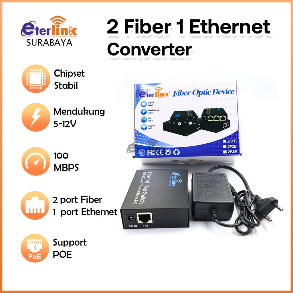 [[ BISA  ]]Media Converter 2 Fiber 1 Ethernet 1310/1550nm Fiber Optic Eterlink