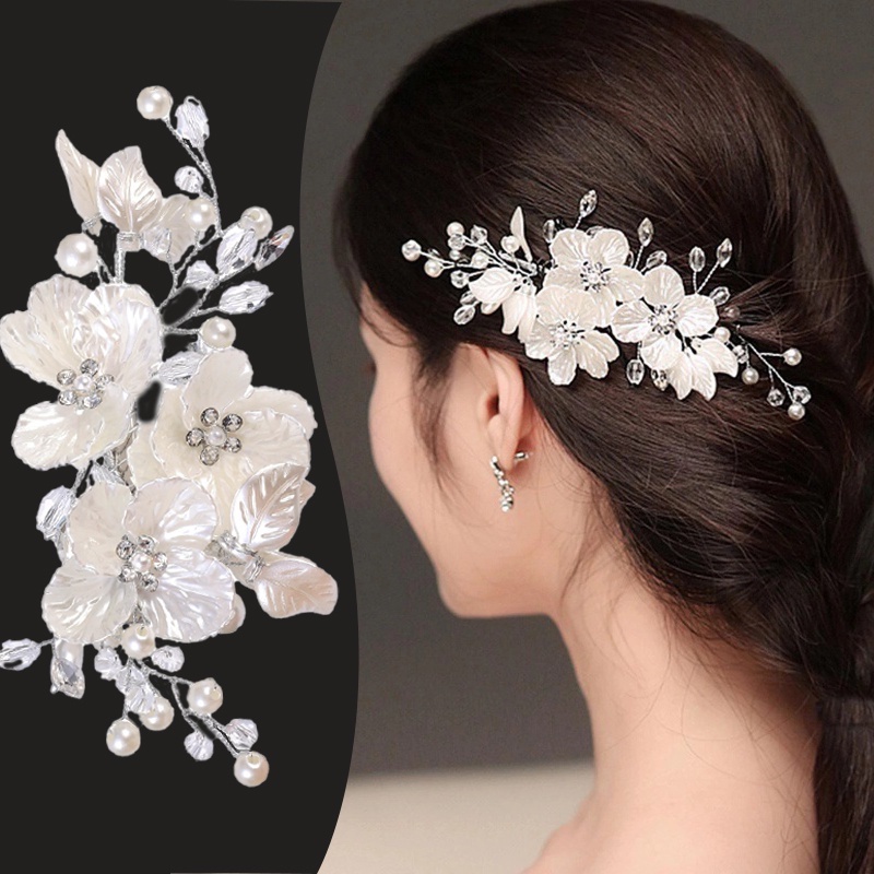 Populer Kristal Mutiara Bunga Putih Fashion Elegan Headpiece Perhiasan Buatan Tangan Indah Wanita Sederhana Retro Gaya Cina Berlian Imitasi Pengantin Pernikahan Hiasan Kepala Wanita