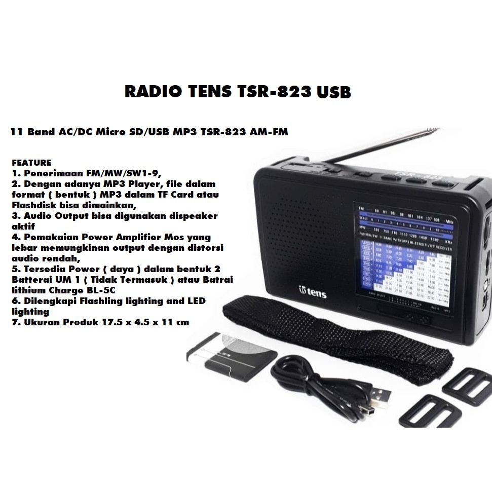 Radio Tens TSR-823 USB FM MW SW 11 Band AC/DC With Mp3 Micro SD Senter