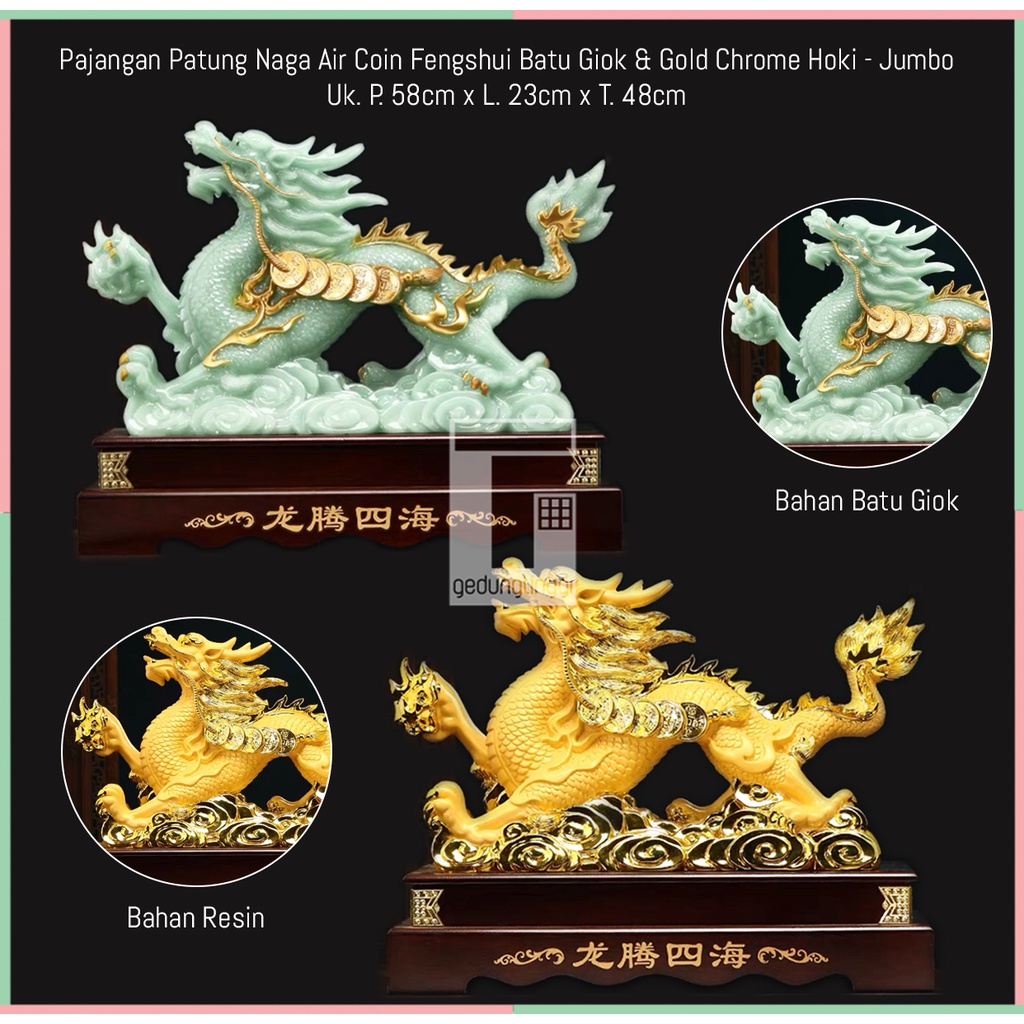 Patung Pajangan Hiasan Shio Ular Naga Dragon Mutiara Uang Duit Coin Koin Emas Gold Kuningan Fengshui