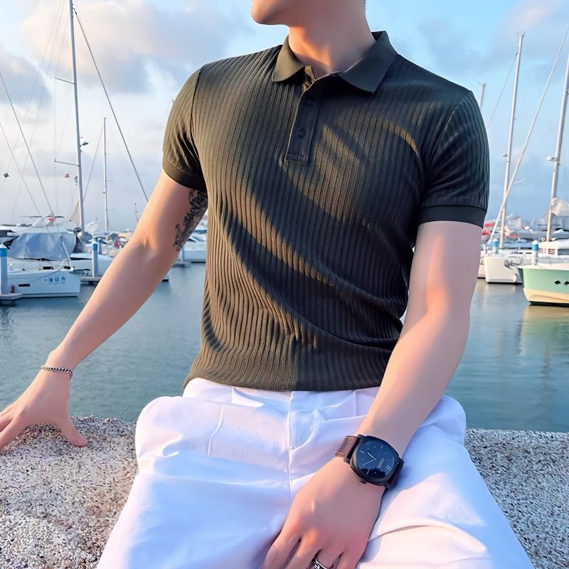 Striped knit tight polo shirt for men