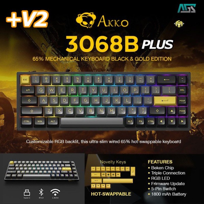 AKKO 3068B Black & Gold Wireless BT Mechanical - Gaming Keyboard - Jelly Pink