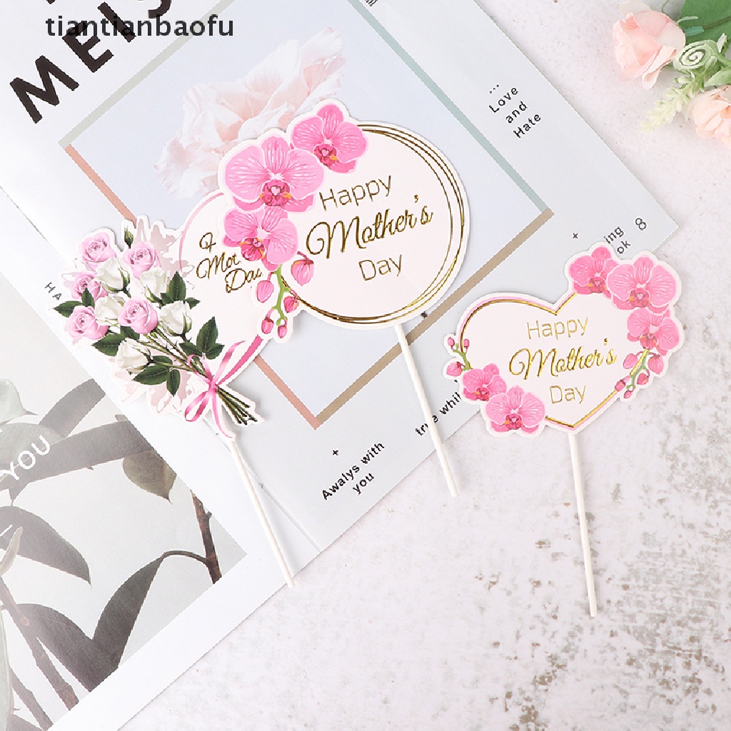 [tiantianbaofu] Hiasan Cupcake Dessert Bunga Hati Happy Mother's Day Birthday Cake Toppers Boutique