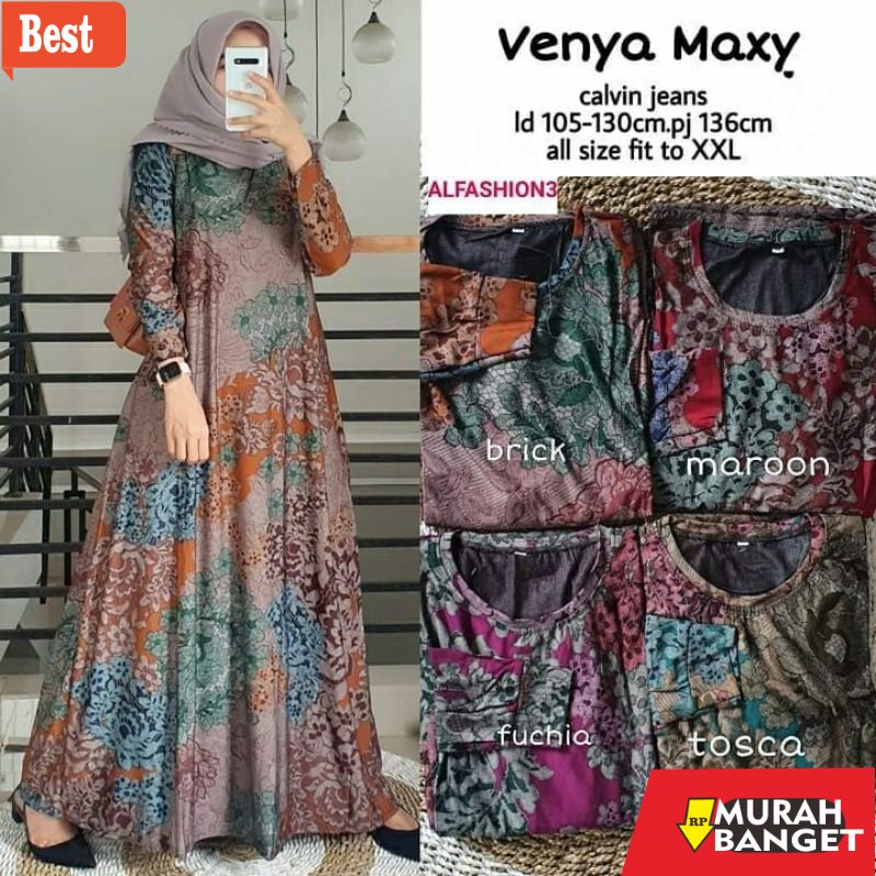 GAMIS RAMADHAN TERBARU UNTUK WANITA- Venya Maxy Gamis Calvin Jeans Jumbo Merani Maxi Sarlita Motif B