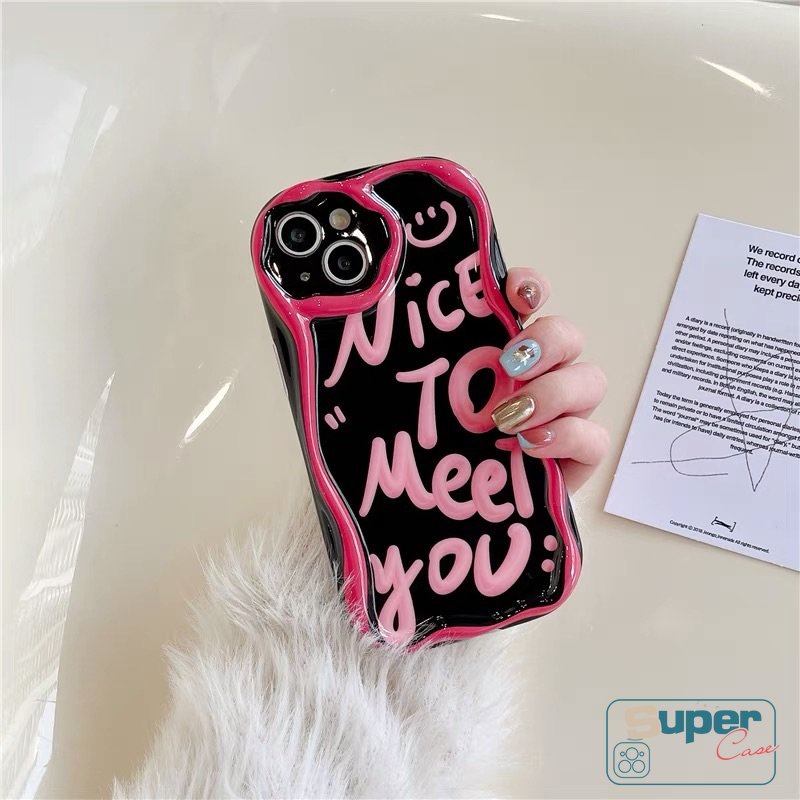 Ins Fashion Art Huruf Smile 3D Wavy Curved Edge Case Kompatibel Untuk iPhone XR 7plus 13 11 12 14 Pro Max8 7 6s 6 Plus X XS Max SE 2020 Glossy Tpu Lembut Shockproof Airbag Cover