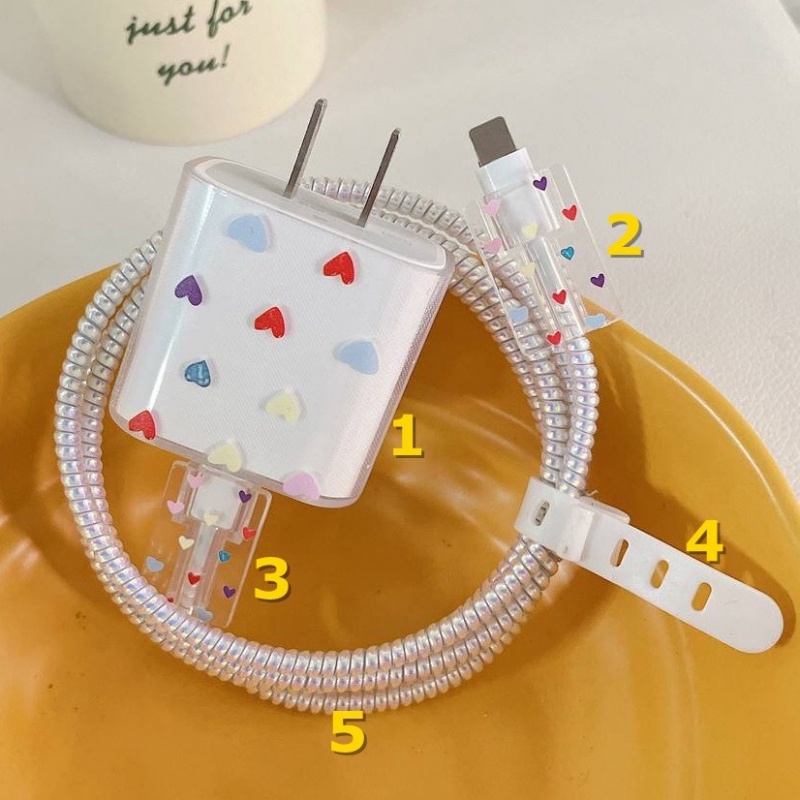 Charger Case Set Untuk iPhone 20W Fast Charging Plug Soft Cover 5pcs Android Type-C Kabel Line Love Bunga Kaws Bungkus Pelindung Data Line Cord Set Berliku Kawat Ikat Aksesoris