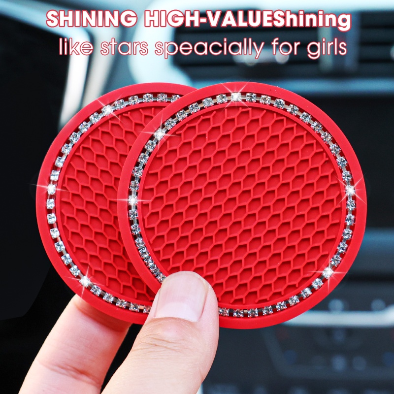 2pcs Mobil Putaran Grid Sarang Lebah Non-slip Air Cup Pad Berlian Imitasi Bling Dekorasi Karet Peredam Panas Tikar Auto Interior Aksesoris
