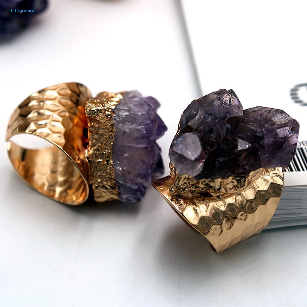 Lilyscent Retro Adjustable Open Band Natural Amethyst Jari Cincin Perhiasan Aksesori Hadiah