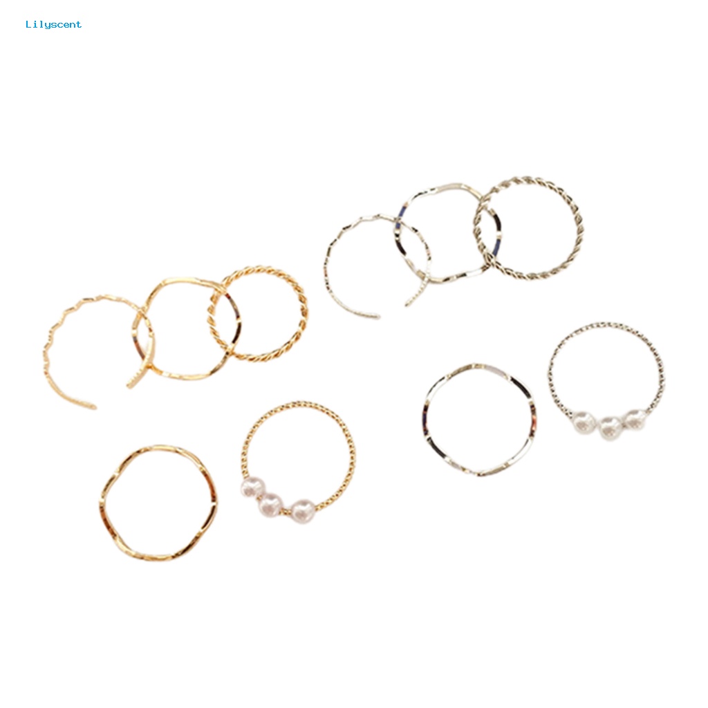 Lilyscent 5Pcs Temperamen Chic Cincin Perhiasan Hadiah Mutiara Imitasi Bentuk Melengkung Rings Set Wavy