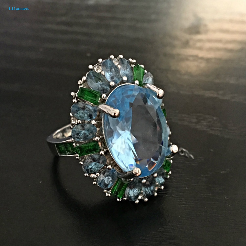 Lilyscent Mewah Wanita Faux Emerald Aquamarine Bunga Cincin Hadiah Perhiasan Pesta Pernikahan