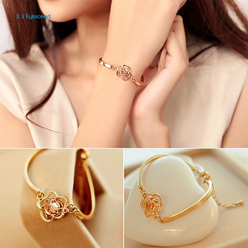 Lilyscent Wanita Emas Bunga Kristal Rose Bangle Cuff Rantai Gelang Chic Perhiasan Hadir