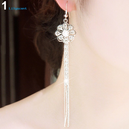 Lilyscent Wanita Pernikahan Linear Anting Bunga Mempesona Berlian Imitasi Rumbai Menjuntai Ear Hook