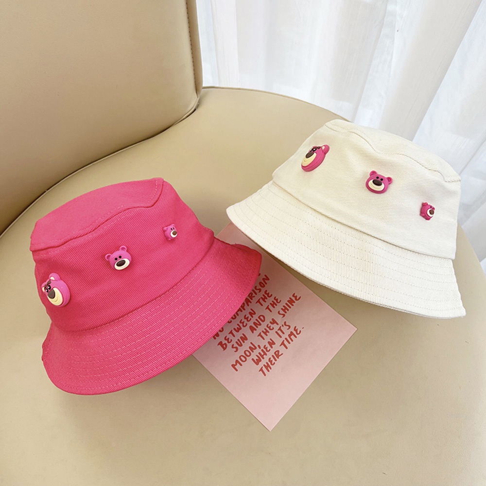 Pola Beruang Strawberry Lucu Anak-Anak Topi Nelayan Warna Permen Musim Panas Outdoor Kerai Cap