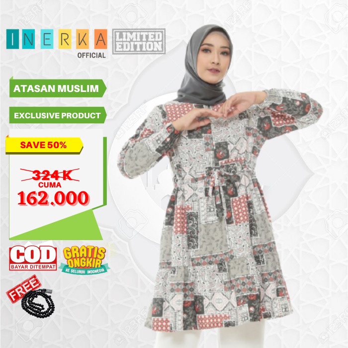 PROMO Baju Kameja Atasan Semi Dress Muslim Wanita Tunik Premium - Grey, Size 1