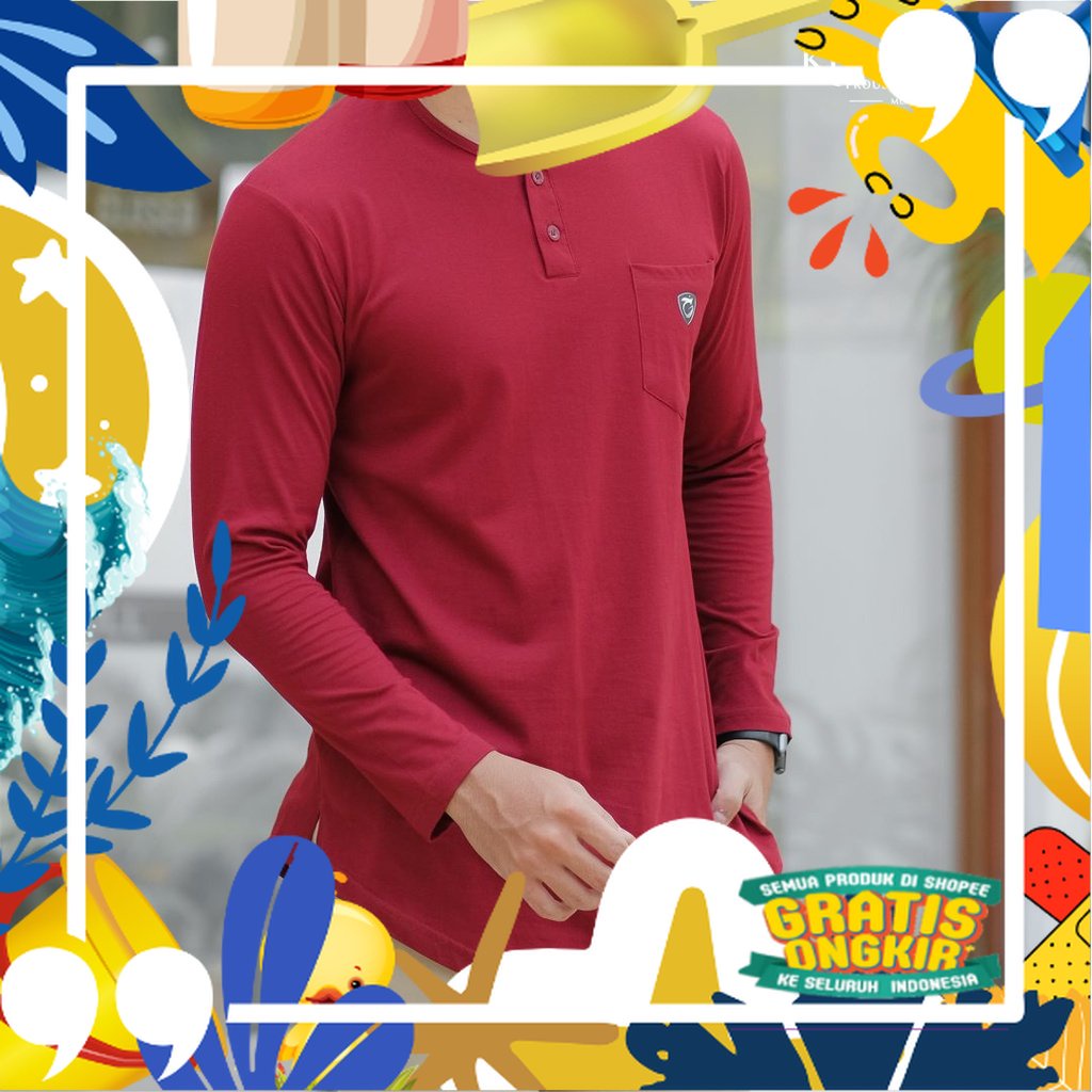 Baju Koko Kurta Kaos Tangan Panjang | Baju Muslim Pria | 100% Cotton Combad - Maroon/ Pink Coklat Ma