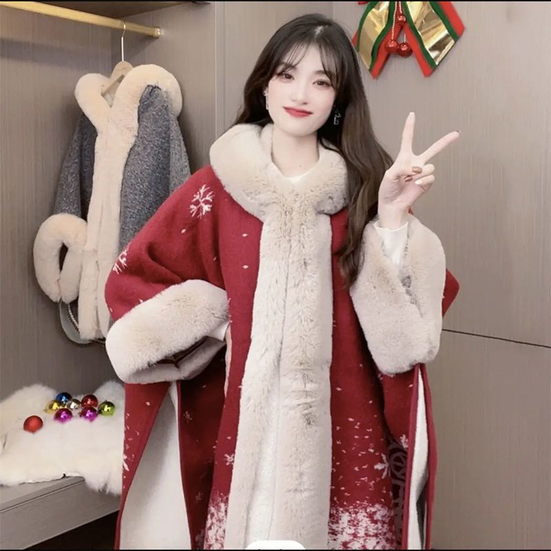 IMPORT ANGELIQUE WOMAN WINTER PONCHO FUR CAPE CHRISTMAS EDITION JUBAH NATAL BULU MUSIM DINGIN WANITA