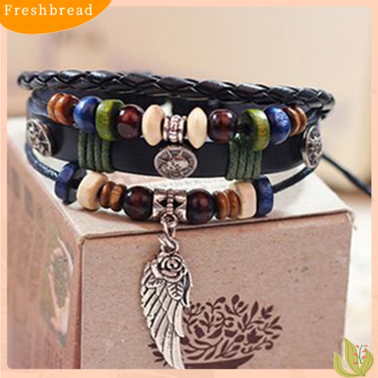 &lt; Freshbread &gt; Unisex Vintage Multilayer Faux Leather Wing Charm Wooden Beads Gelang Bangle