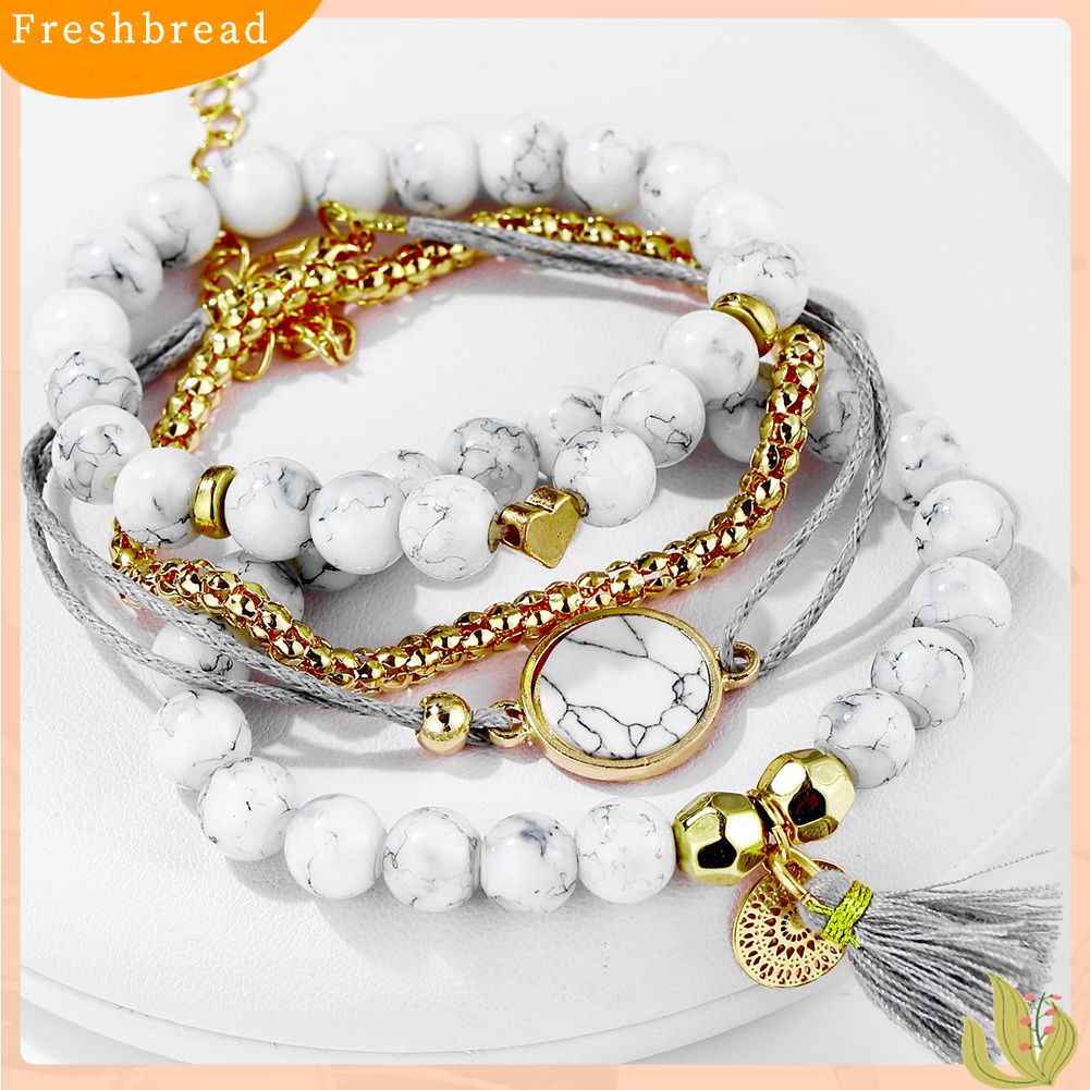 &lt; Freshbread &gt; 4Pcs Wanita Manik-Manik Pirus Imitasi Rumbai Pesona Gelang Bangle Set Perhiasan Hadiah