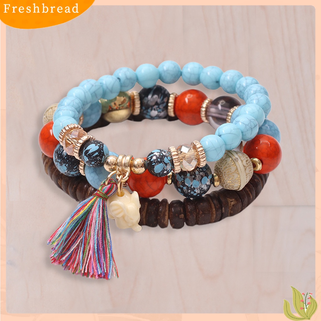 &lt; Freshbread &gt; 3Pcs Manik-Manik Kayu Rumbai Kombinasi Resin Gelang Hadiah Perhiasan Aksesoris