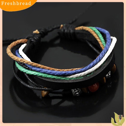 &lt; Freshbread &gt; 1Pc Unisex Chic Multi-layer Manik-Manik Rantai Tali Kulit Imitasi Charms Gelang