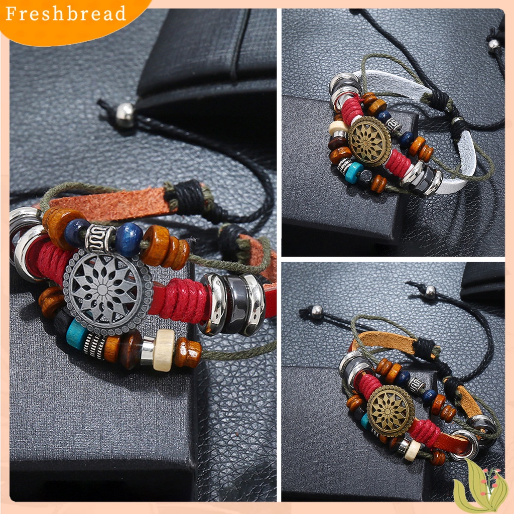 &lt; Freshbread &gt; Gelang Kulit Imitasi Vintage Tiga Lapisan Dikepang Bungkus Manik-Manik Kayu Adjustable Hias Hadiah Pria Wanita Gelang Tali Bangle Perhiasan Untuk Pakaian Sehari-Hari