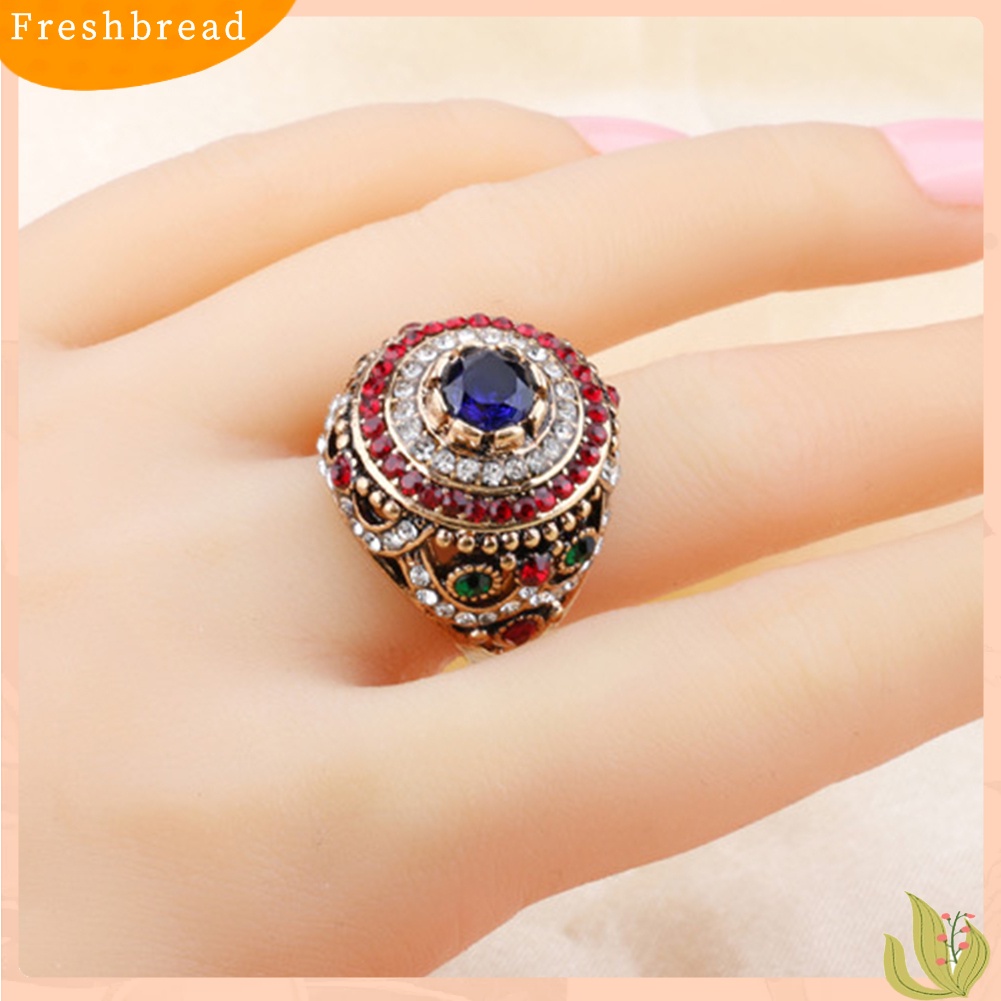 &lt; Freshbread &gt; Wanita Mewah Bulat Warna-Warni Berlian Imitasi Bertatahkan Jari Cincin Pesta Perhiasan Hadiah