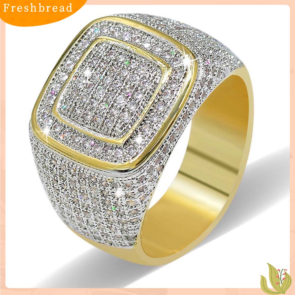 < Freshbread > Glitter Pria Persegi Penuh Berlian Imitasi Bertatahkan Jari Cincin Pernikahan Pertunangan Perhiasan