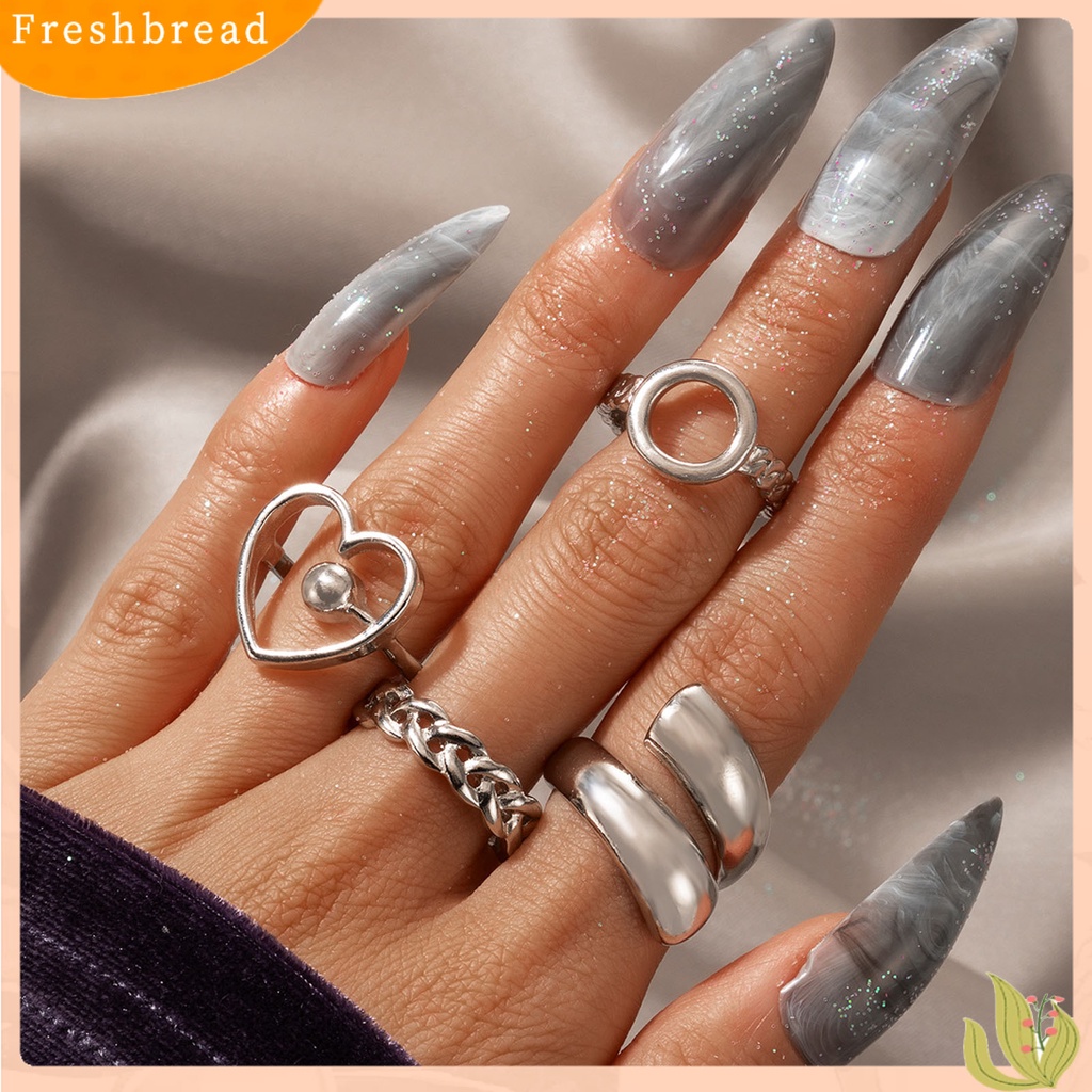 &lt; Freshbread &gt; 4Pcs/Set Hati Bentuk Geometris Bahan Alloy Rantai Hollow Bukaan Jari Cincin Cincin Sendi Untuk Pesta