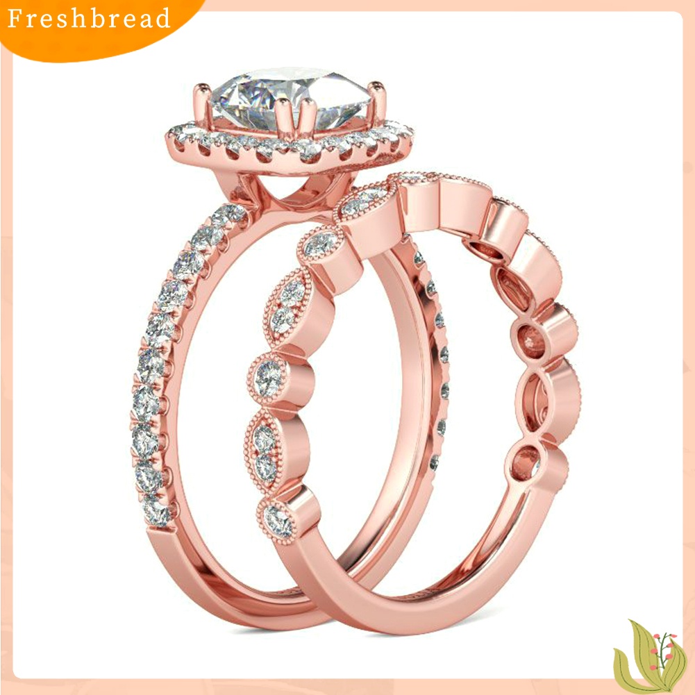 &lt; Freshbread &gt; 2Pcs/Set Wanita Emerald Cut Cubic Zirconia Stacking Finger Ring Perhiasan Pernikahan