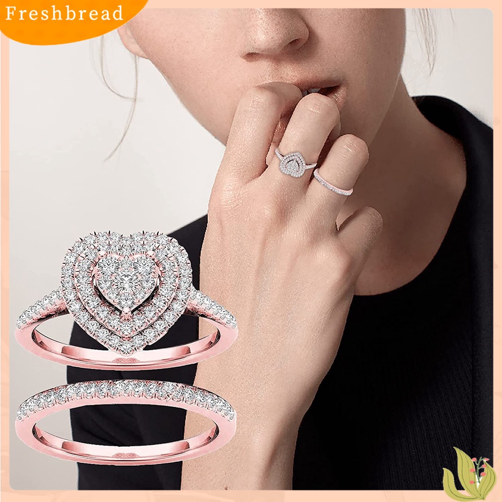 &lt; Freshbread &gt; 2Pcs/Set Cincin Menarik Hias Alloy Halus Bentuk Hati Berlian Imitasi Wanita Bridal Ring Untuk Pernikahan