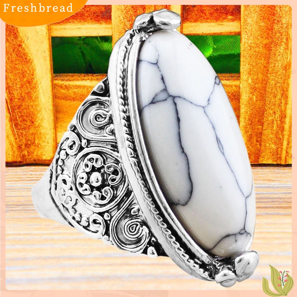 &lt; Freshbread &gt; Wanita Boho Vintage Oval Pirus Antik Perak Disepuh Ukir Cincin Perhiasan