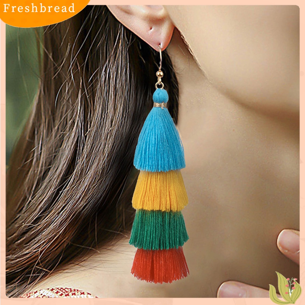 &lt; Freshbread &gt; 1pasang Anting Menarik Gaya Bohemia Ultra Panjang 4lapis Rumbai Fringe Menjuntai Anting Untuk Wanita