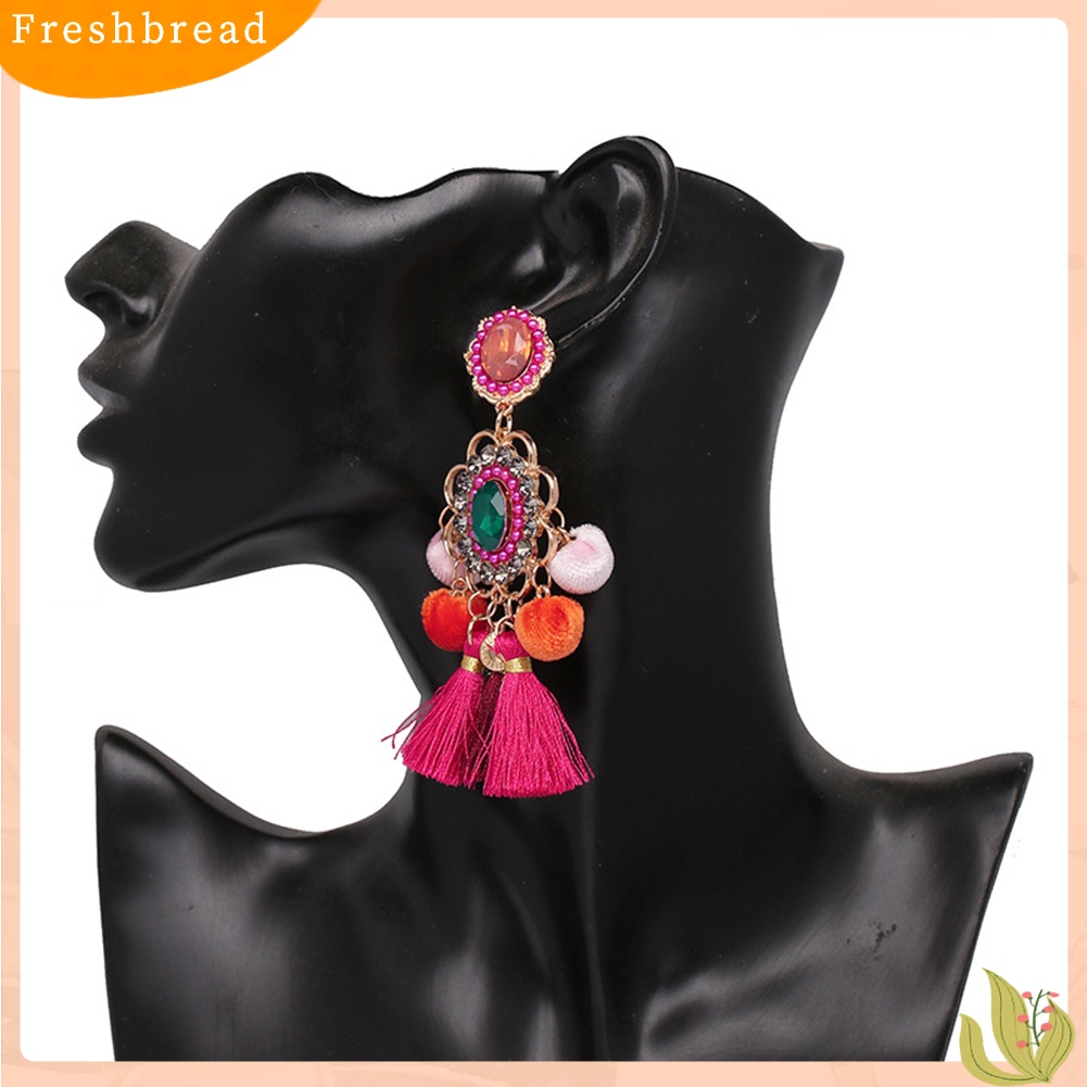 &lt; Freshbread &gt; Wanita Berlian Imitasi Bunga Pompom Rumbai Menjuntai Ear Stud Earrings Statement Jewelry