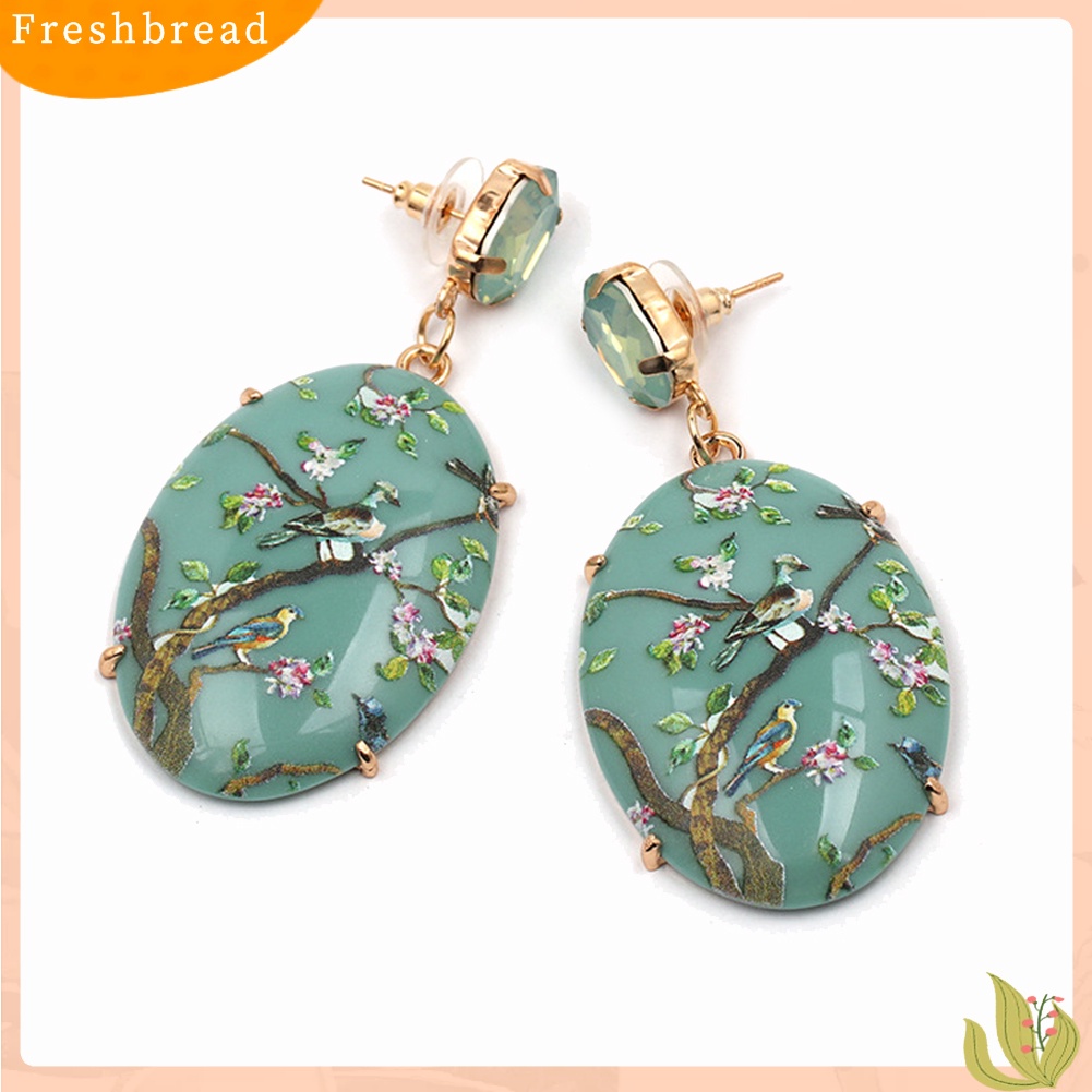 &lt; Freshbread &gt; Retro Wanita Bunga Oval Imitasi Batu Permata Menjuntai Anting Eardrop Pesta Perhiasan