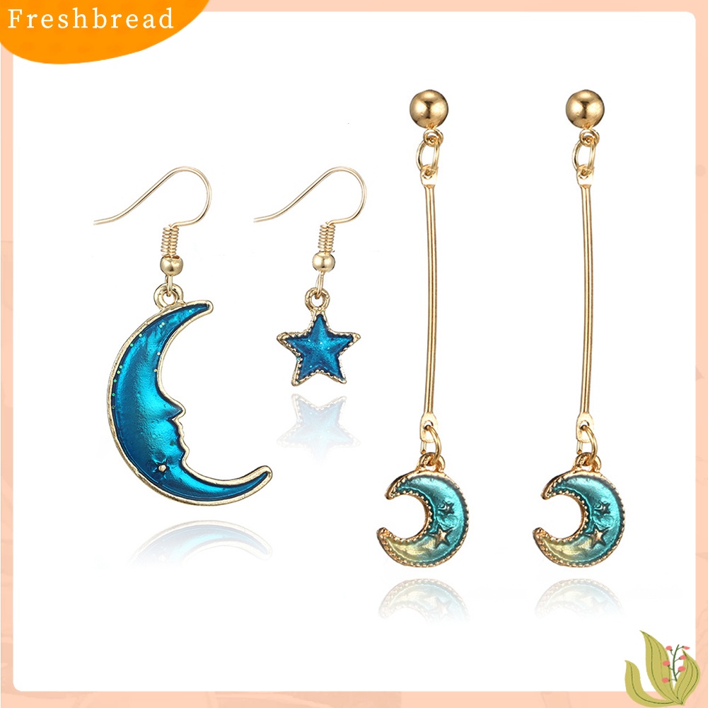 &lt; Freshbread &gt; Biru Matahari Bulan Bintang Rumbai Menjuntai Kait Telinga Wanita Fashion Anting Perhiasan Hadiah