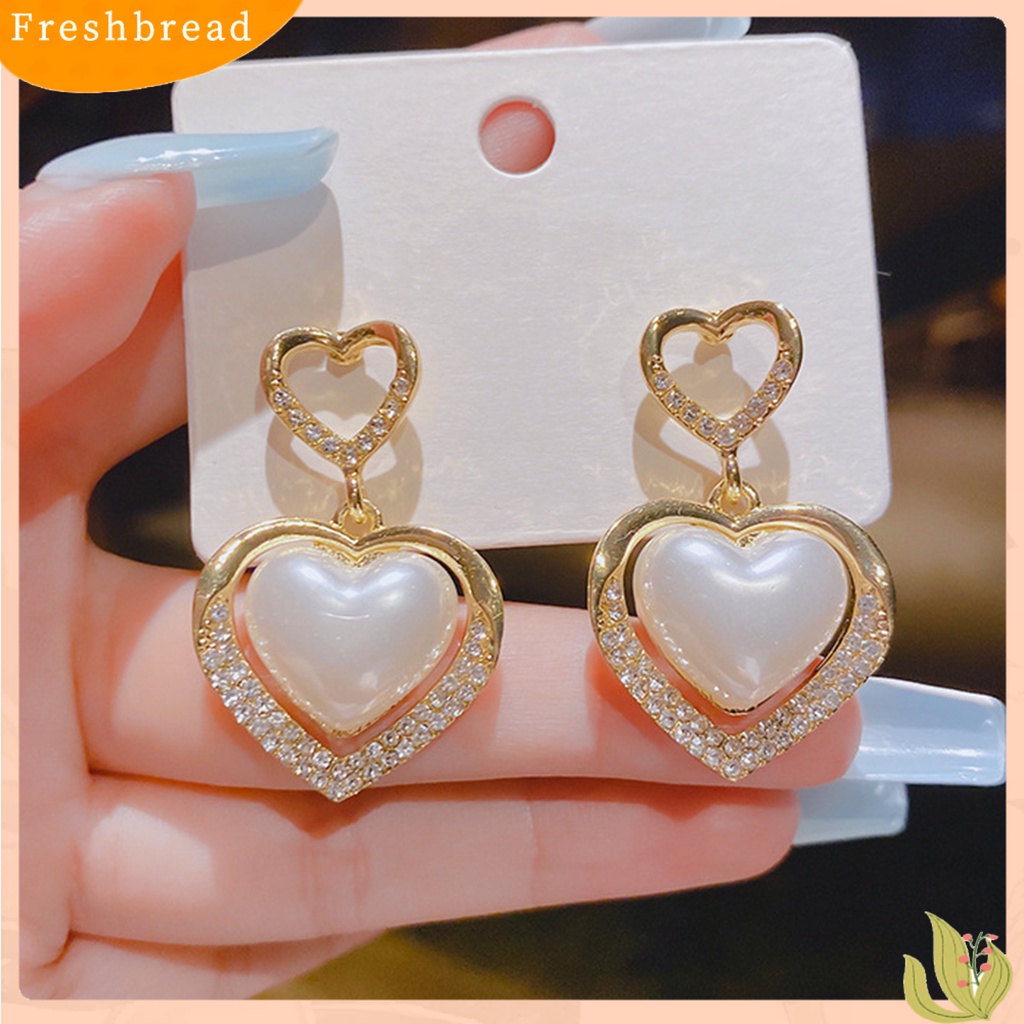 &lt; Freshbread &gt; 1pasang Anting Pejantan Bling Berlian Imitasi Cincin Berongga Elegan Berbentuk Hati Mutiara Imitasi Drop Earrings Aksesoris Perhiasan