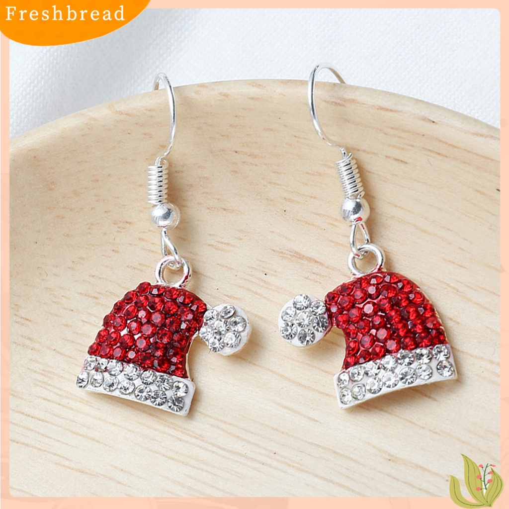 &lt; Freshbread &gt; 1pasang Drop Earrings Indah Topi Natal Bentuk Rusa Alloy Berlian Imitasi Tertanam Wanita Anting Kait Untuk Pesta